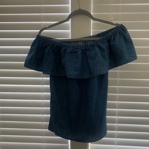 Off the shoulder denim blouse.